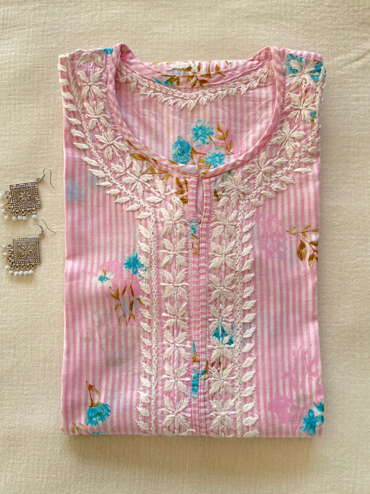 Sara Mul Mul Long chikankari Kurti(Pink)