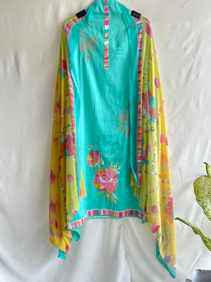 Soft Jaam Cotton Unstitched suit with thread work on the shirt and Colorful Dupatta