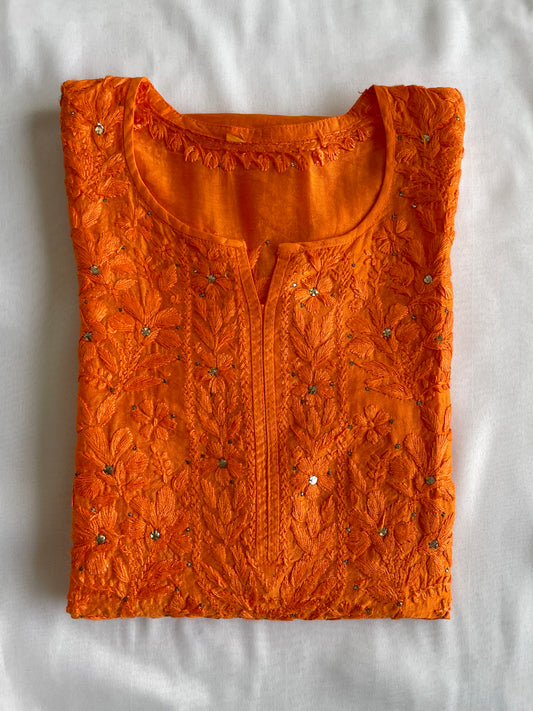 Hayat Mukaish Chanderi Chikankari Kurti (Orange)