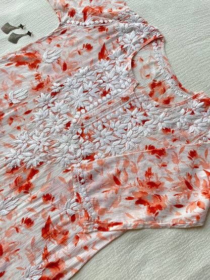 Hania Mul Printed Short chikankari kurta (Orange)