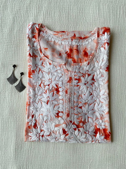 Hania Mul Printed Short chikankari kurta (Orange)