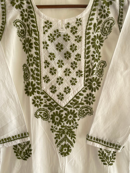 Zoya Cotton Long Chikankari Kurti ( Olive Green )