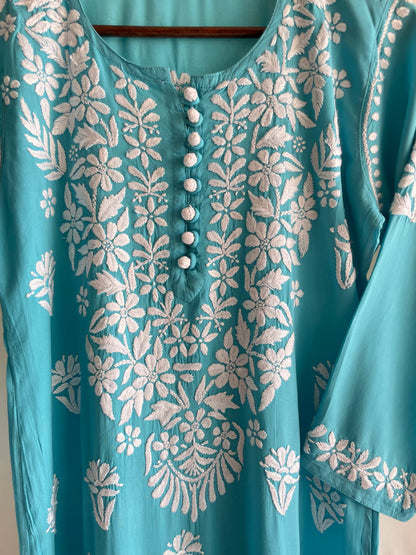 Mahira Modal Long Chikankari Kurti(Sky Blue)