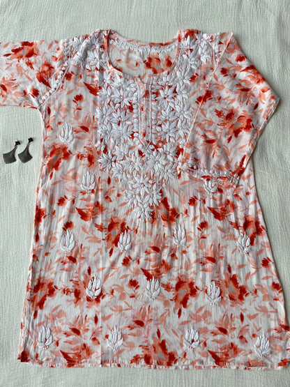 Hania Mul Printed Short chikankari kurta (Orange)