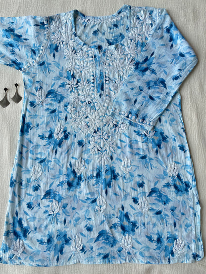 Hania Mul Printed Short chikankari kurta (Blue)