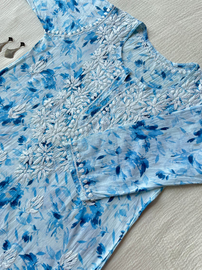 Hania Mul Printed Short chikankari kurta (Blue)